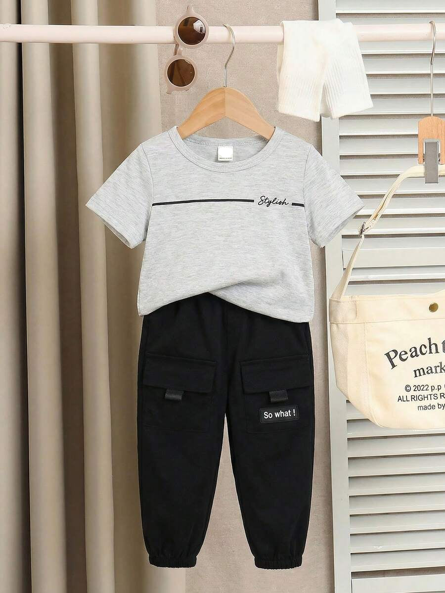 Baby Boy Letter Print T Shirt and Large Pocket Pants 2 Piece Casual Outfit Set for Spring Summer Autumn
