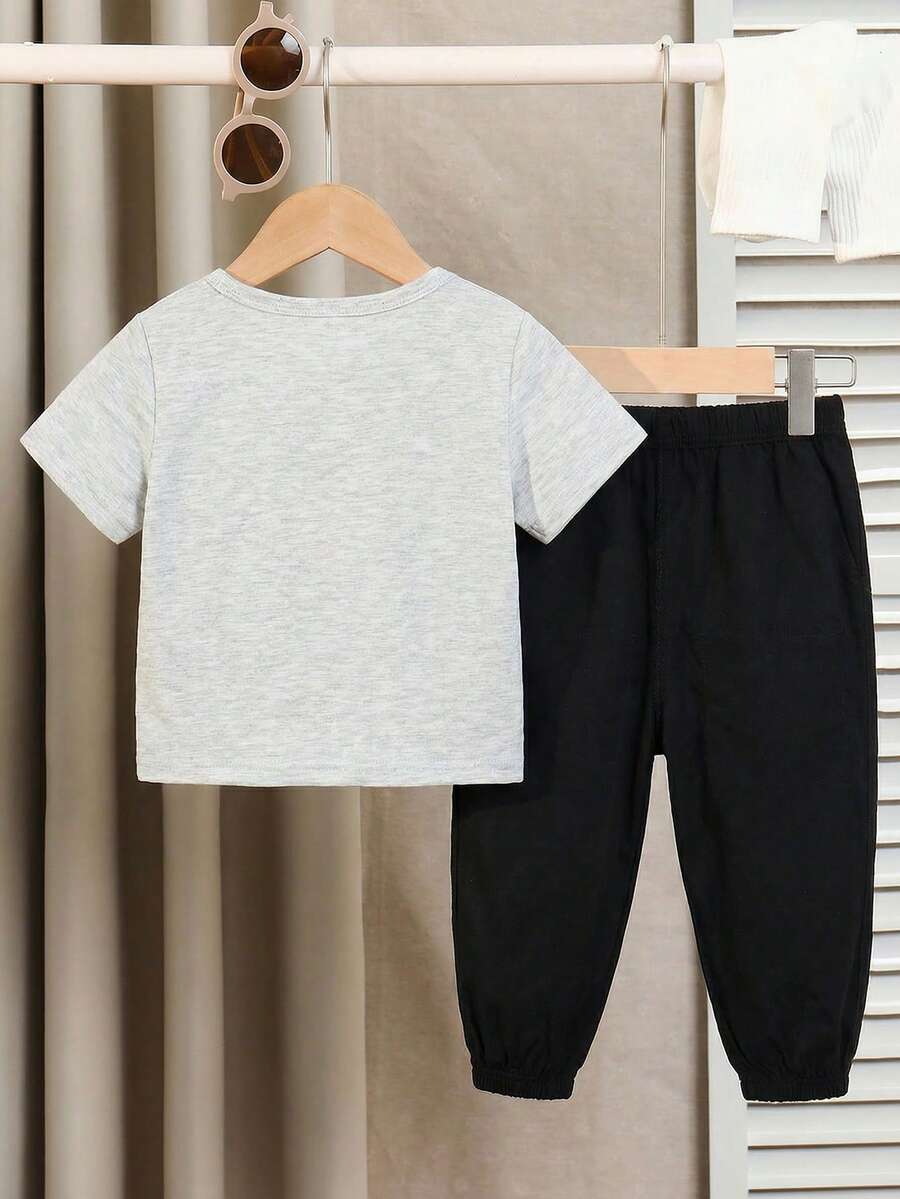 Baby Boy Letter Print T Shirt and Large Pocket Pants 2 Piece Casual Outfit Set for Spring Summer Autumn