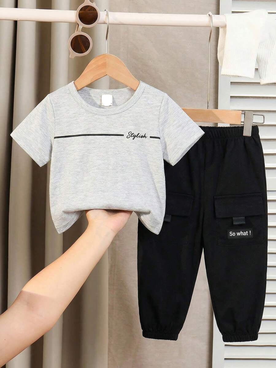 Baby Boy Letter Print T Shirt and Large Pocket Pants 2 Piece Casual Outfit Set for Spring Summer Autumn
