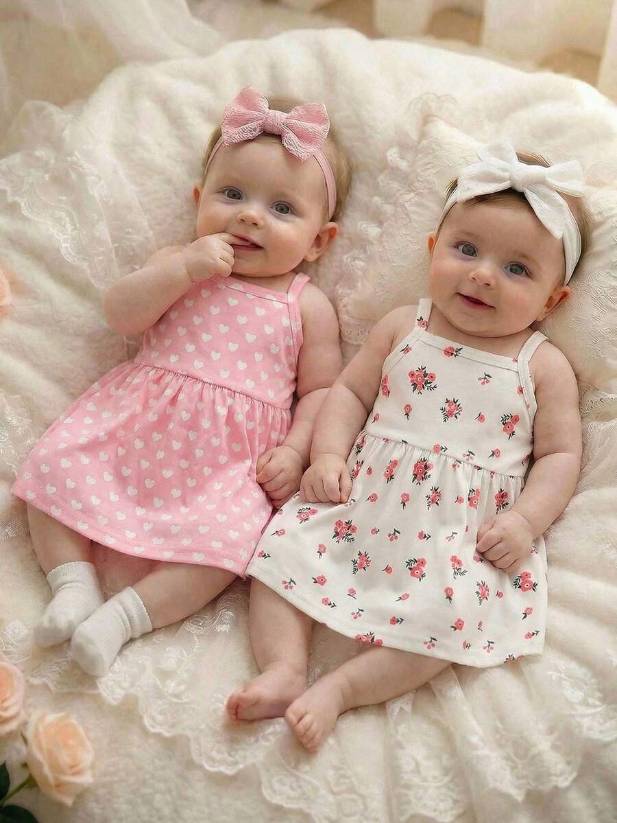 2PCS Baby Heart and Floral Print Strap Dress Set for Cute Summer Wear