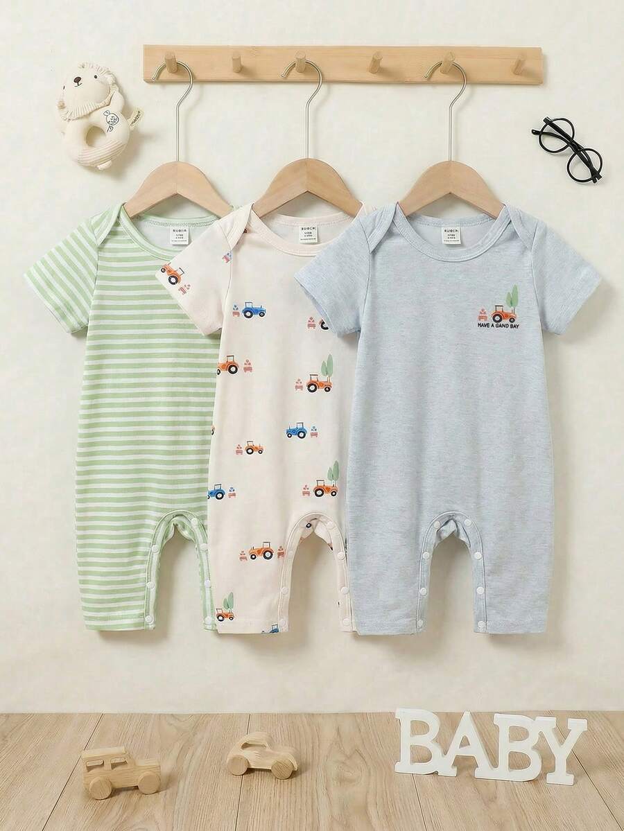 4PCS Baby Bear Print Cotton Romper Set for Summer Daily Wear and Comfort