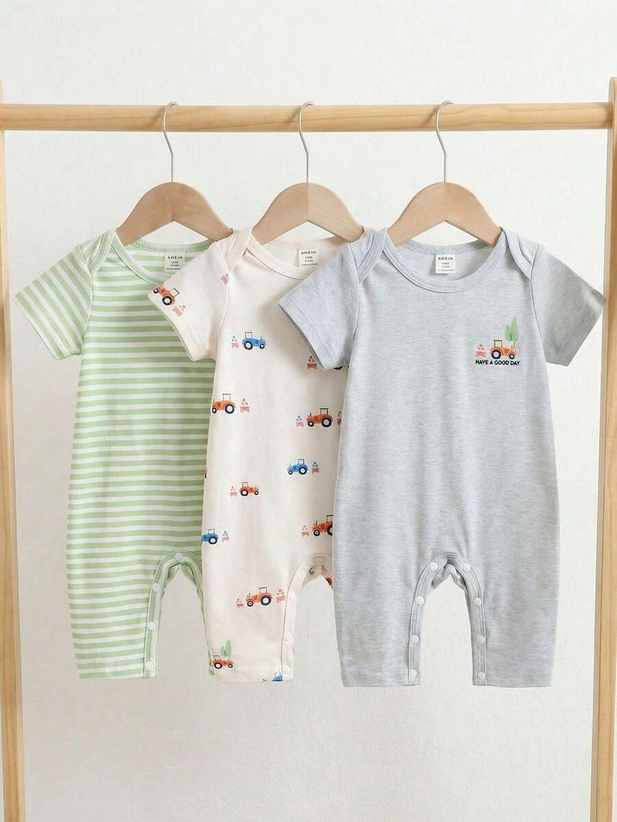 4PCS Baby Bear Print Cotton Romper Set for Summer Daily Wear and Comfort