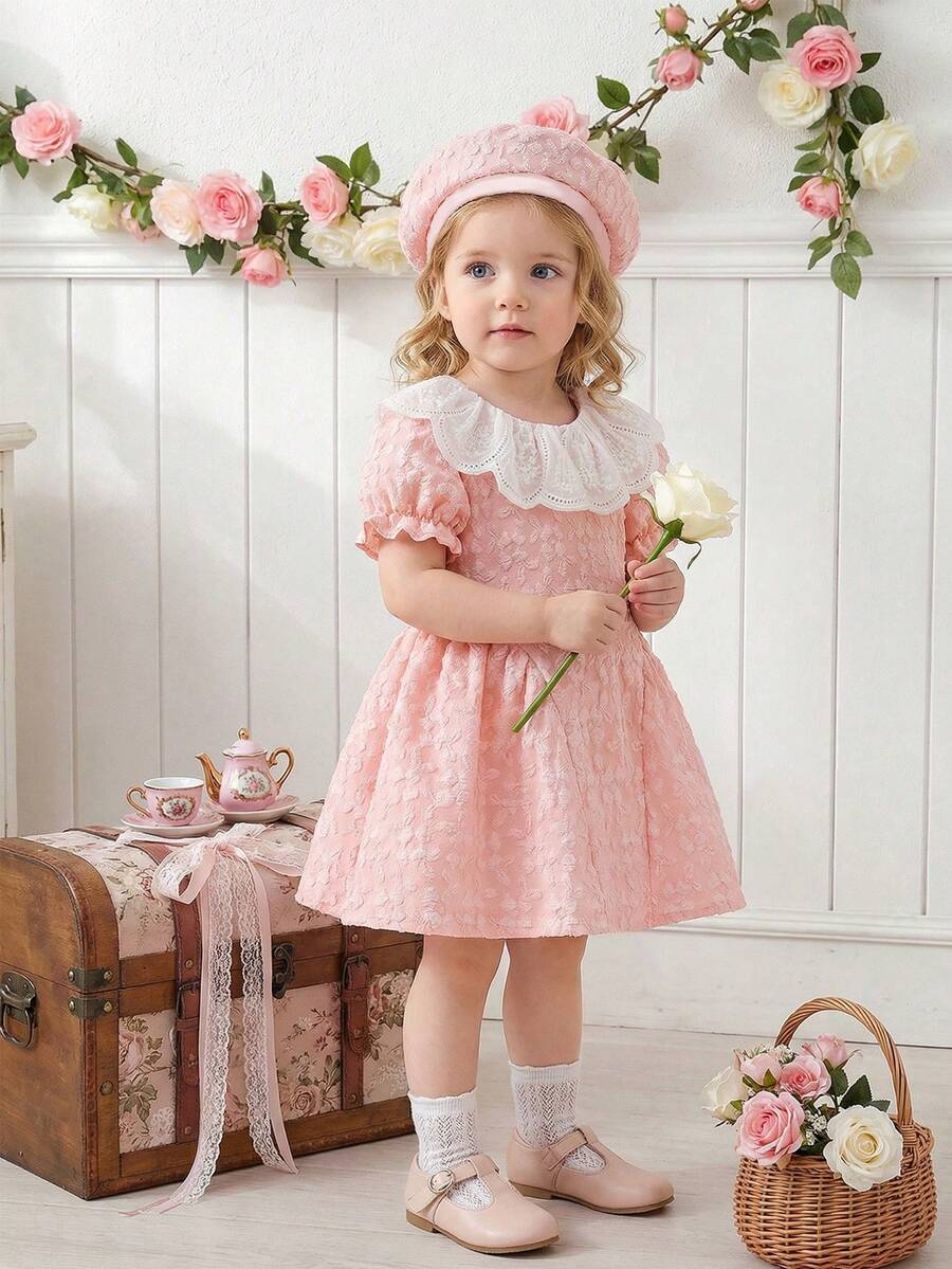 Baby Girls Cherry Plaid Dress And Beret Hat Set Cute Summer Vacation Outfit