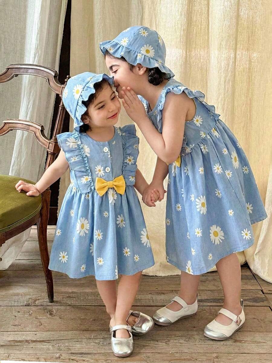 Baby Cherry Print Sleeveless Dress and Red Hat Set for Cute Summer Outings
