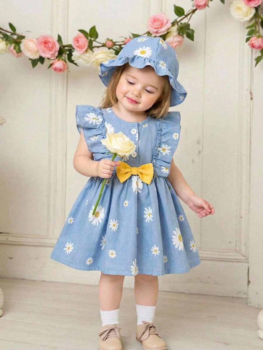 Baby Cherry Print Sleeveless Dress and Red Hat Set for Cute Summer Outings