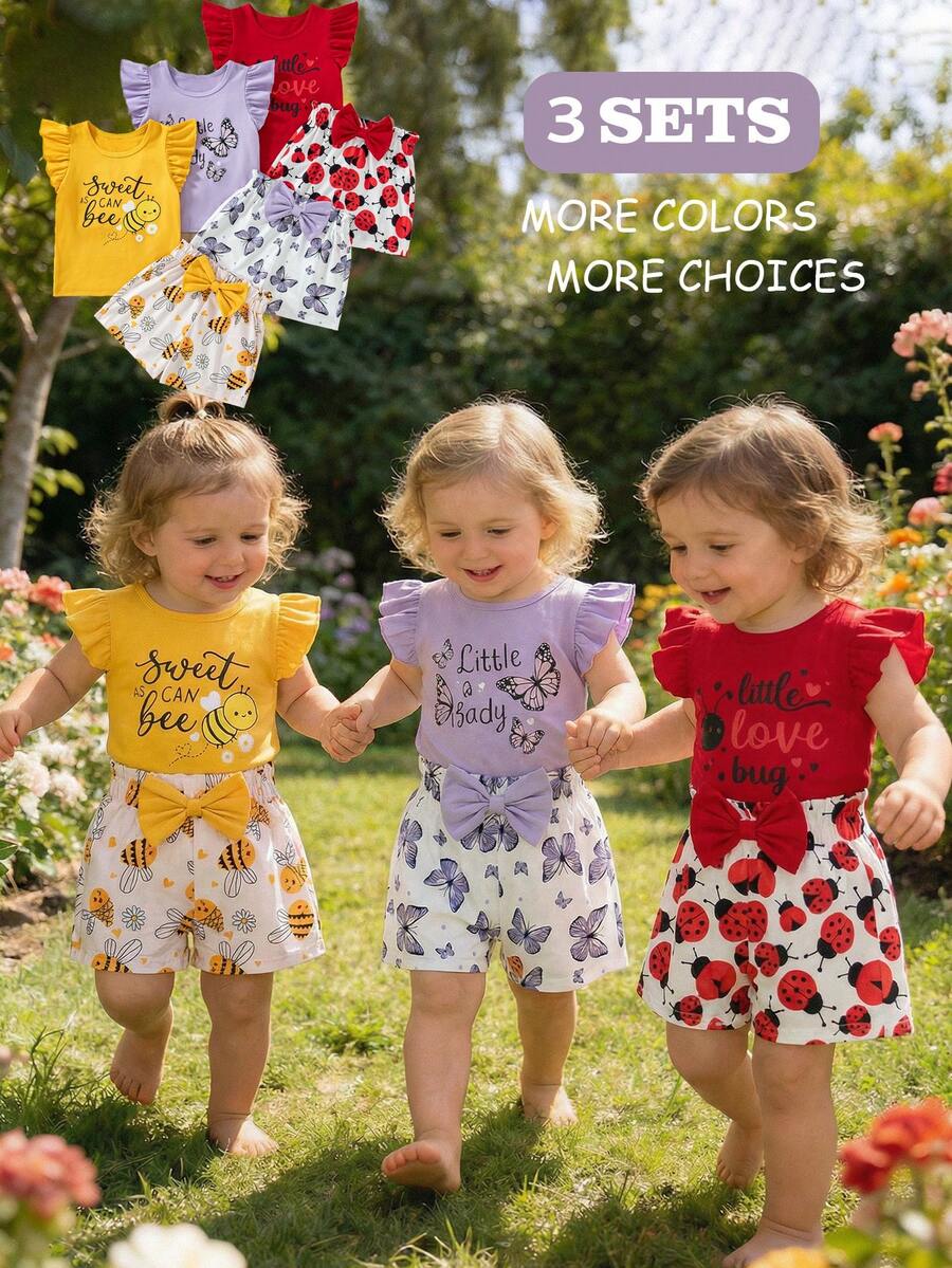 Playful Multicolor Outfit Set For Baby Girls With Ruffle Sleeve Cami Top