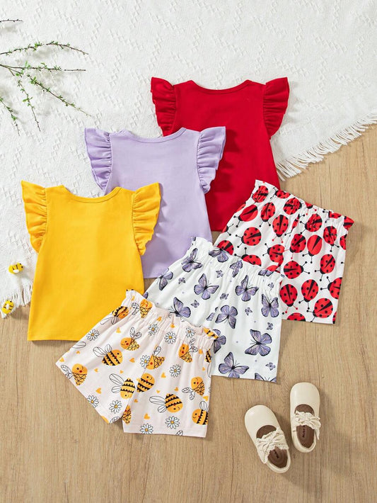 Playful Multicolor Outfit Set For Baby Girls With Ruffle Sleeve Cami Top