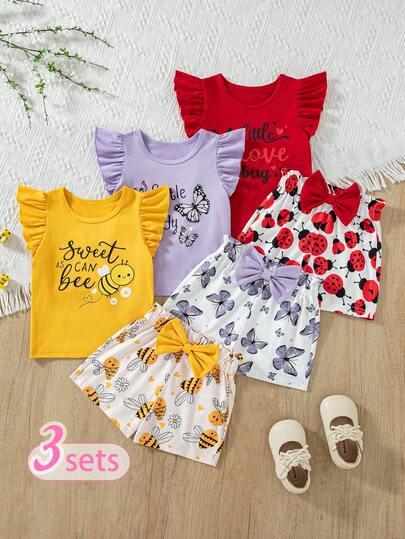 Playful Multicolor Outfit Set For Baby Girls With Ruffle Sleeve Cami Top