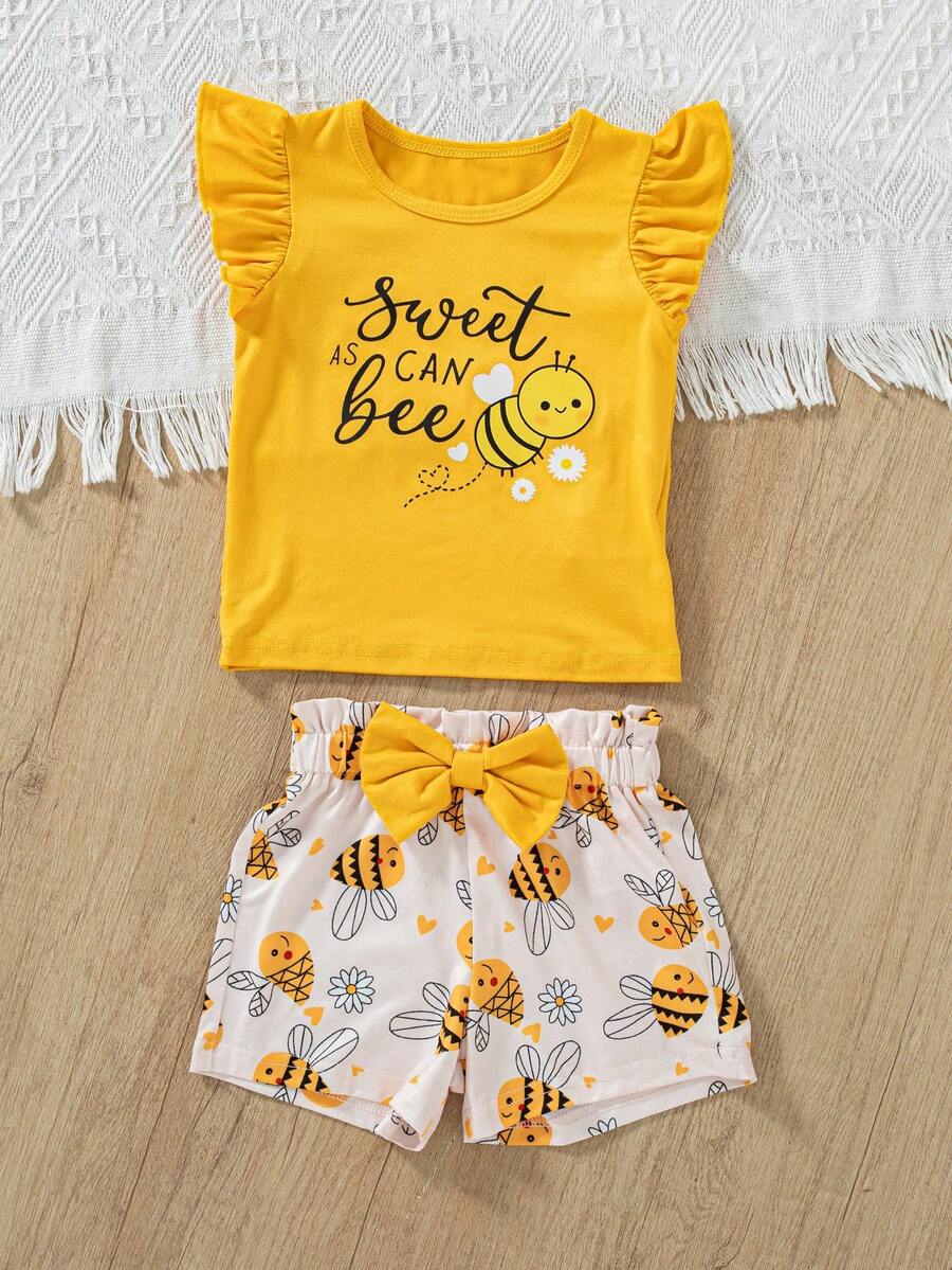Playful Multicolor Outfit Set For Baby Girls With Ruffle Sleeve Cami Top