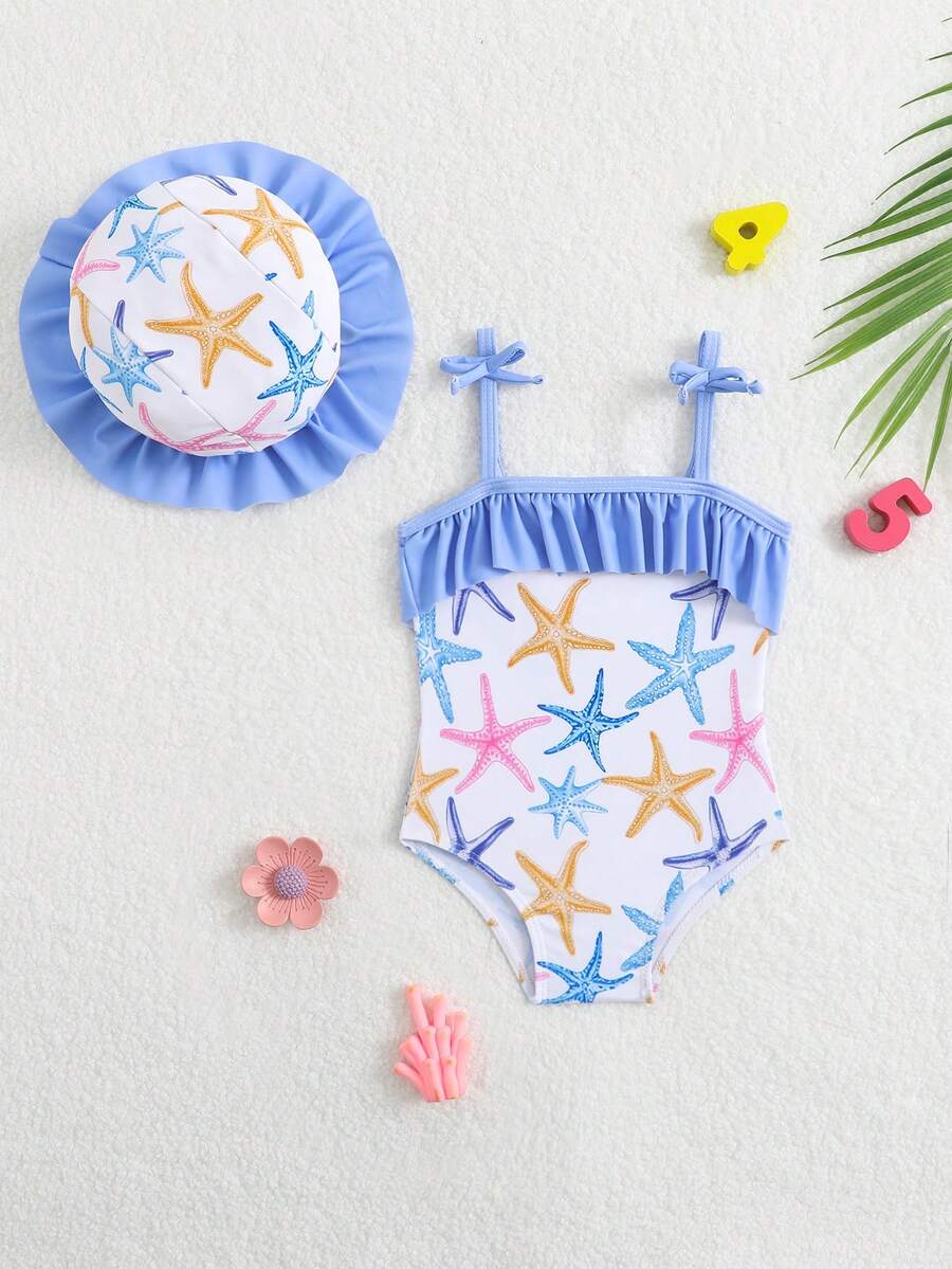 Baby Bow Print Two-Piece Swimsuit Set with Adjustable Straps and Matching Hat