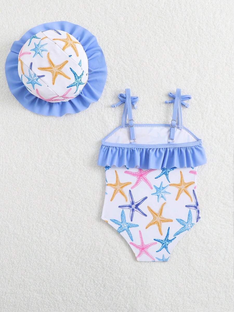 Baby Bow Print Two-Piece Swimsuit Set with Adjustable Straps and Matching Hat