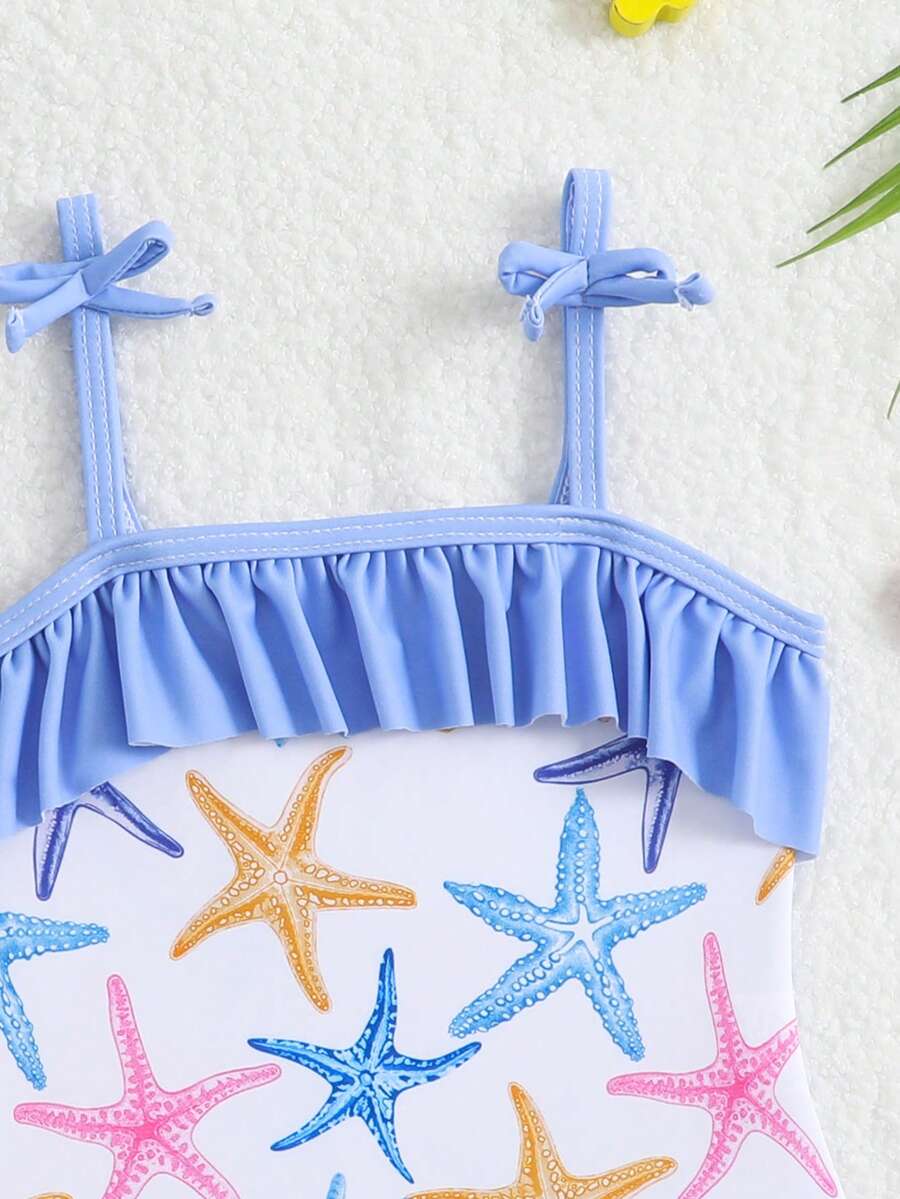 Baby Bow Print Two-Piece Swimsuit Set with Adjustable Straps and Matching Hat