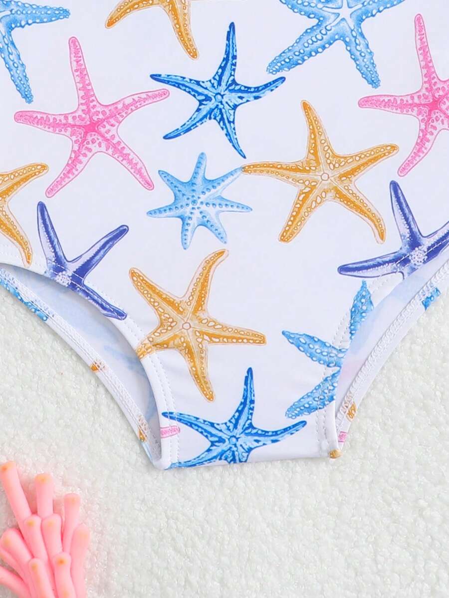 Baby Bow Print Two-Piece Swimsuit Set with Adjustable Straps and Matching Hat