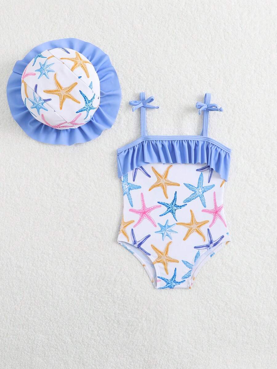 Baby Bow Print Two-Piece Swimsuit Set with Adjustable Straps and Matching Hat