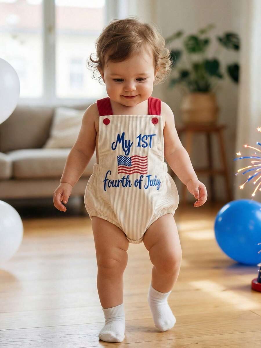 Infant 4th of July Jumpsuit with Flag Embroidery Sleeveless Square Neck Romper