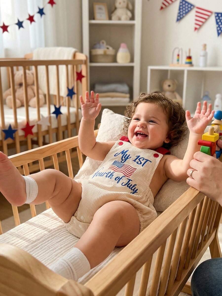 Infant 4th of July Jumpsuit with Flag Embroidery Sleeveless Square Neck Romper