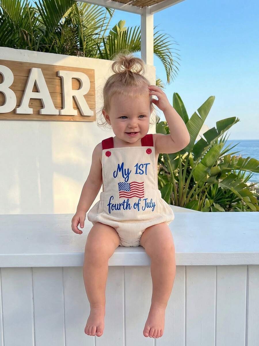Infant 4th of July Jumpsuit with Flag Embroidery Sleeveless Square Neck Romper