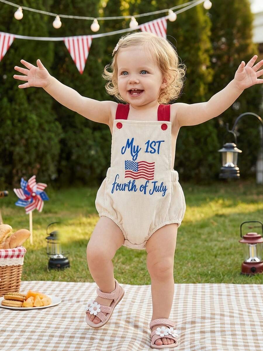 Infant 4th of July Jumpsuit with Flag Embroidery Sleeveless Square Neck Romper