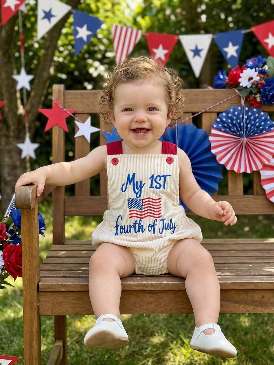 Infant 4th of July Jumpsuit with Flag Embroidery Sleeveless Square Neck Romper