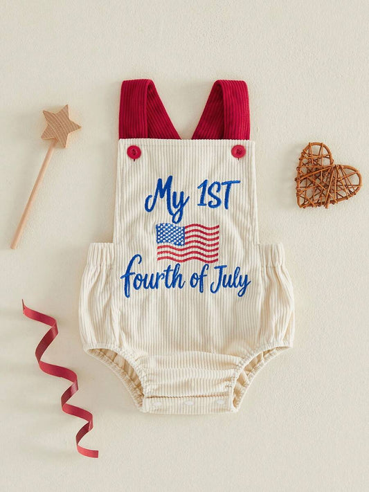 Infant 4th of July Jumpsuit with Flag Embroidery Sleeveless Square Neck Romper