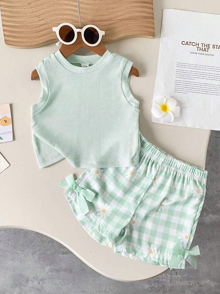 Baby Girl 2pcs Summer Blue Textured Top & Plaid Shorts Outfit