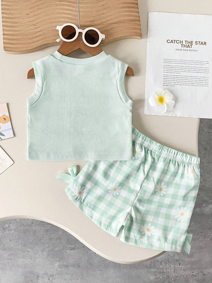 Baby Girl 2pcs Summer Blue Textured Top & Plaid Shorts Outfit