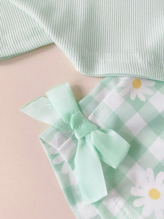 Baby Girl 2pcs Summer Blue Textured Top & Plaid Shorts Outfit