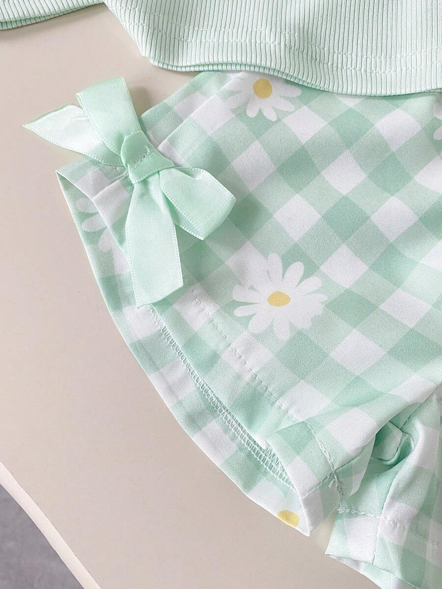 Baby Girl 2pcs Summer Blue Textured Top & Plaid Shorts Outfit