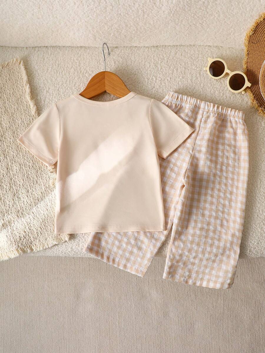 3D Floral T Shirt And Plaid Pants Set For Baby Girls Casual Cute Outfit