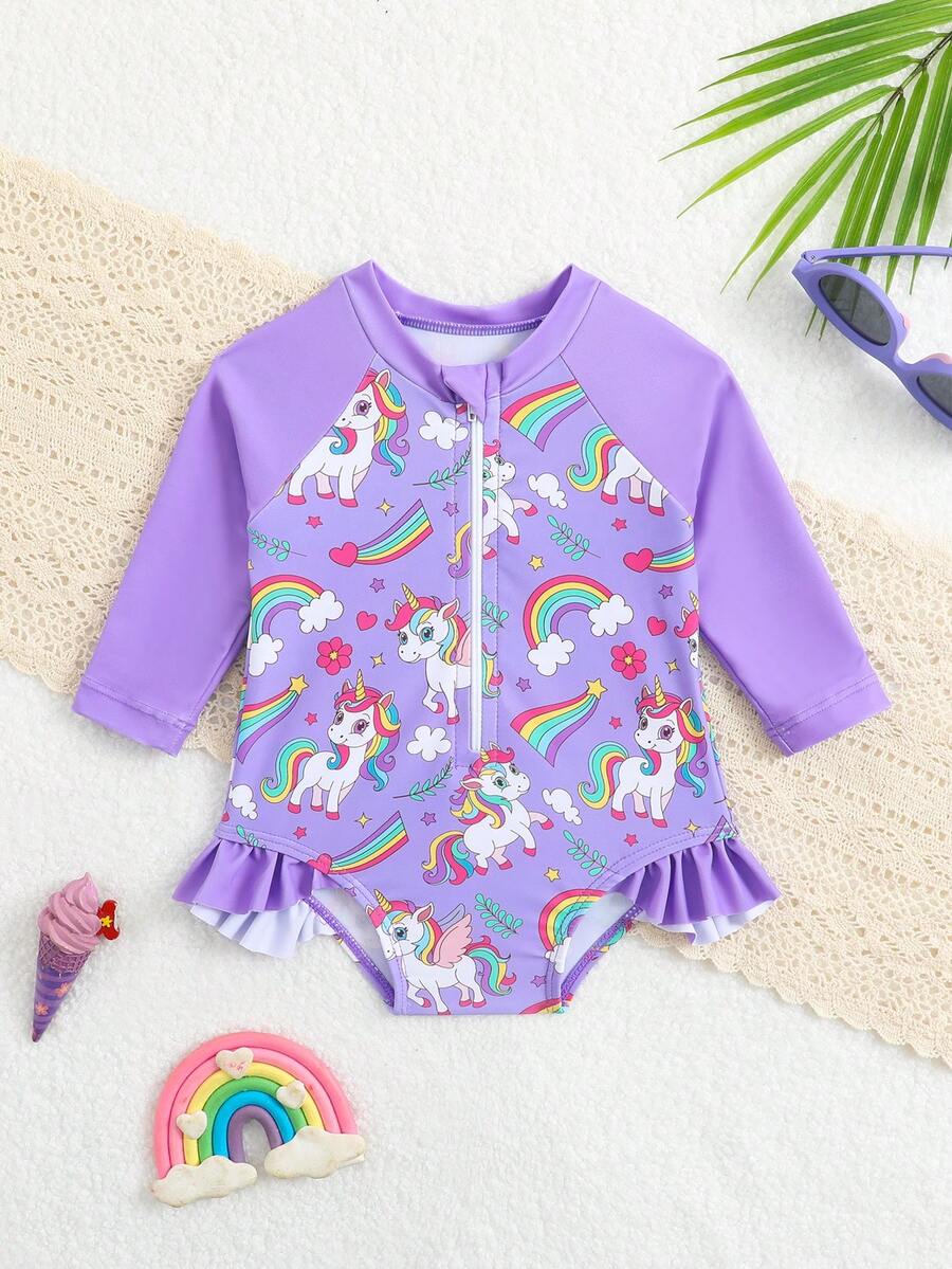 Baby Girl Cartoon Fish Print Long Sleeve Rash Guard Swimsuit