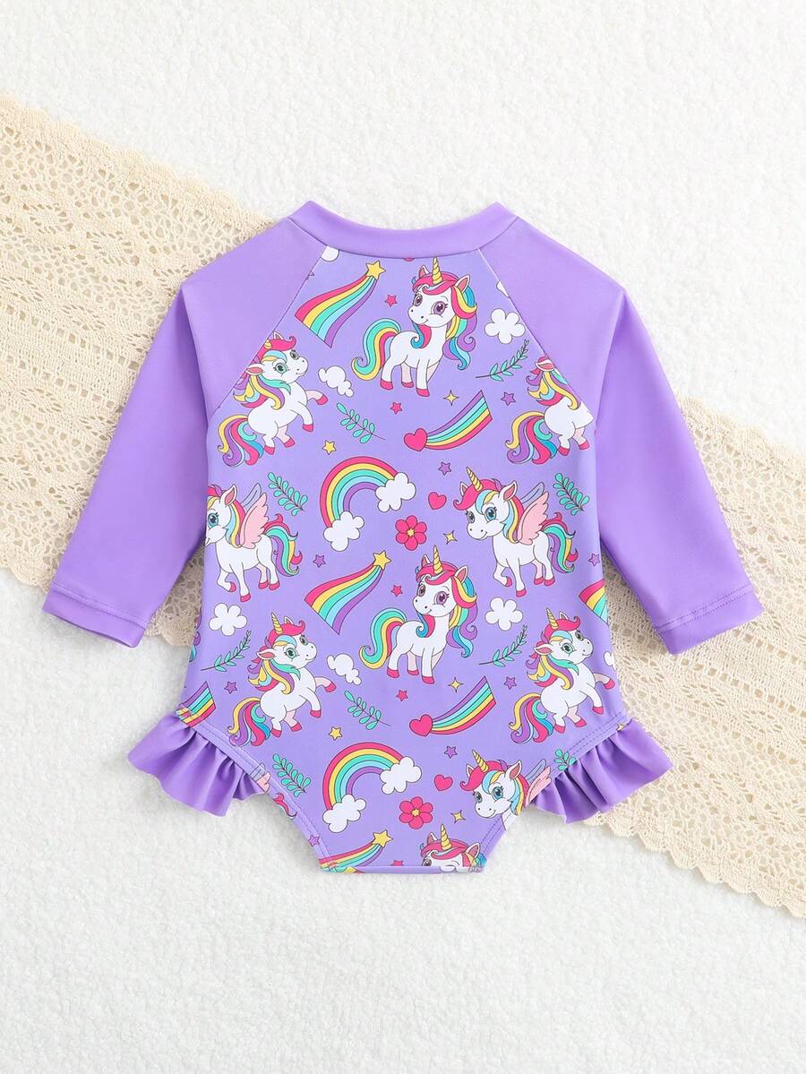 Baby Girl Cartoon Fish Print Long Sleeve Rash Guard Swimsuit