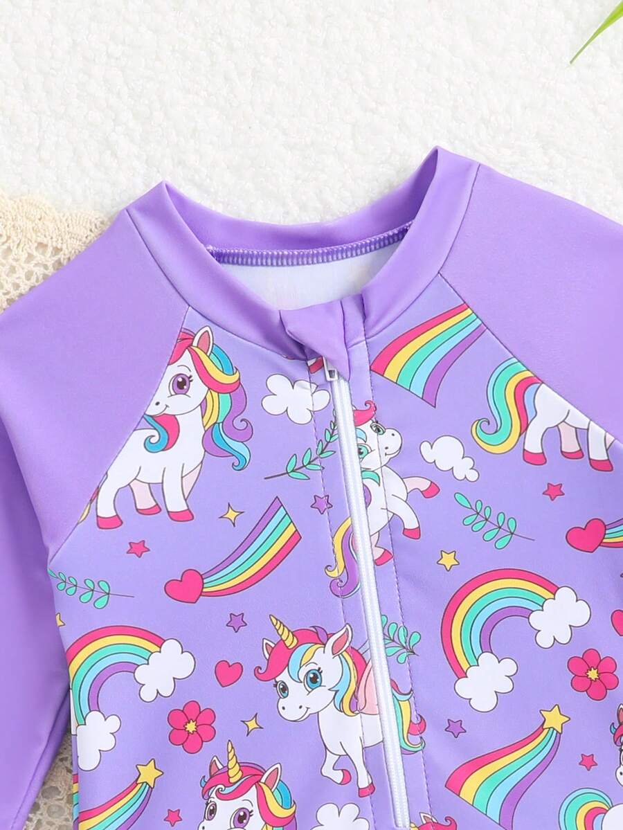 Baby Girl Cartoon Fish Print Long Sleeve Rash Guard Swimsuit
