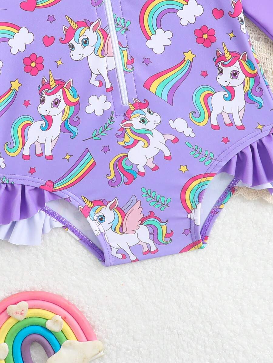 Baby Girl Cartoon Fish Print Long Sleeve Rash Guard Swimsuit