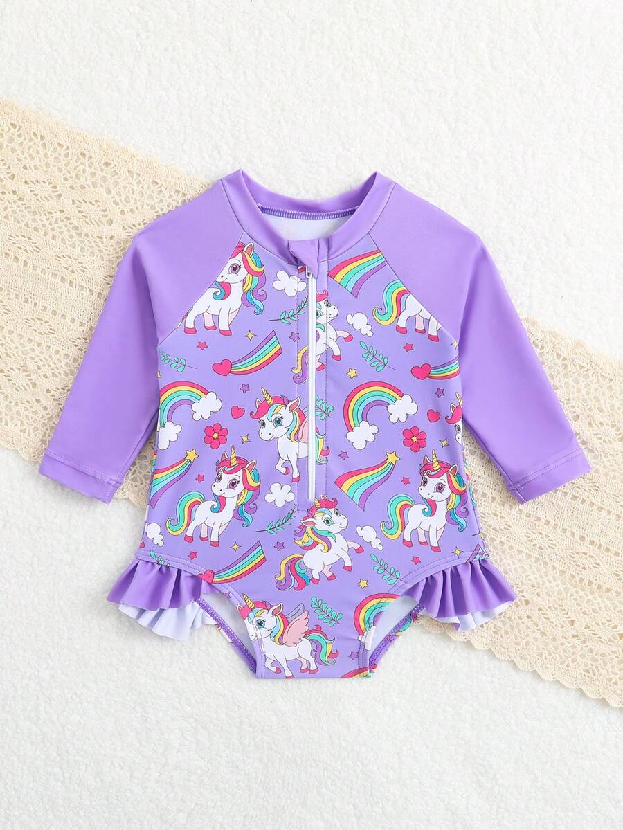 Baby Girl Cartoon Fish Print Long Sleeve Rash Guard Swimsuit