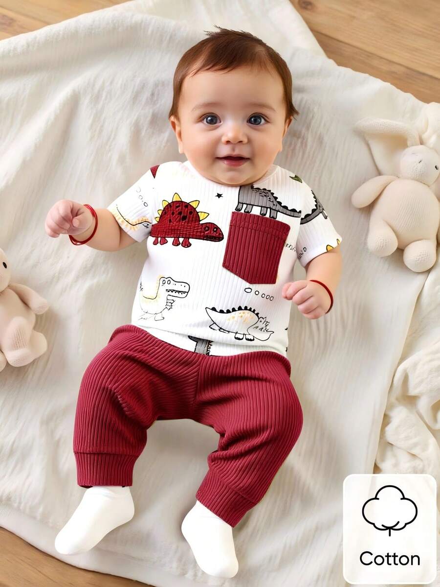2PCS Baby Boy Dinosaur Print Top and Green Pants Set for Cute Casual Daily Wear