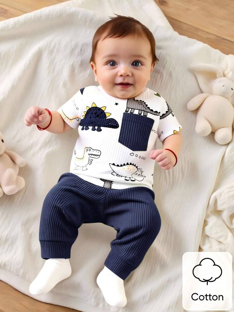 2PCS Baby Boy Dinosaur Print Top and Green Pants Set for Cute Casual Daily Wear