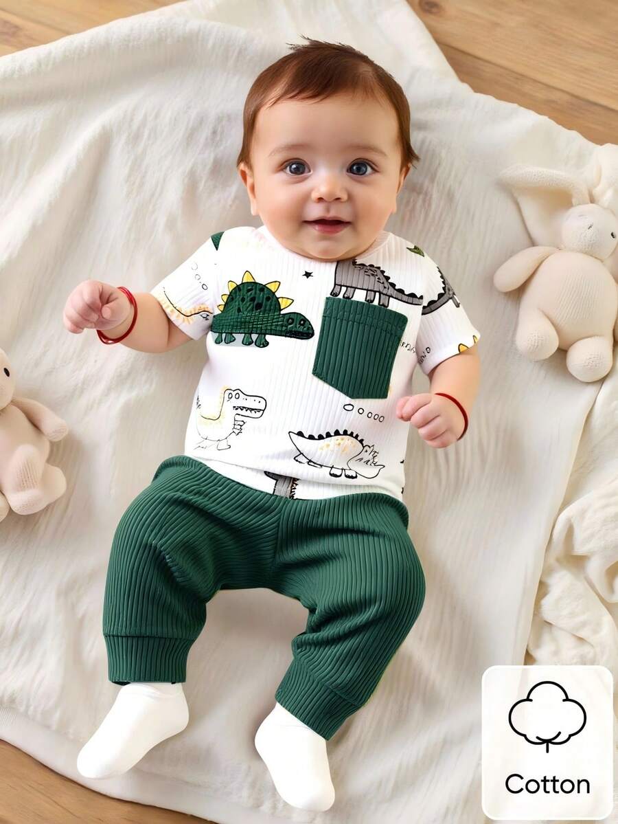2PCS Baby Boy Dinosaur Print Top and Green Pants Set for Cute Casual Daily Wear