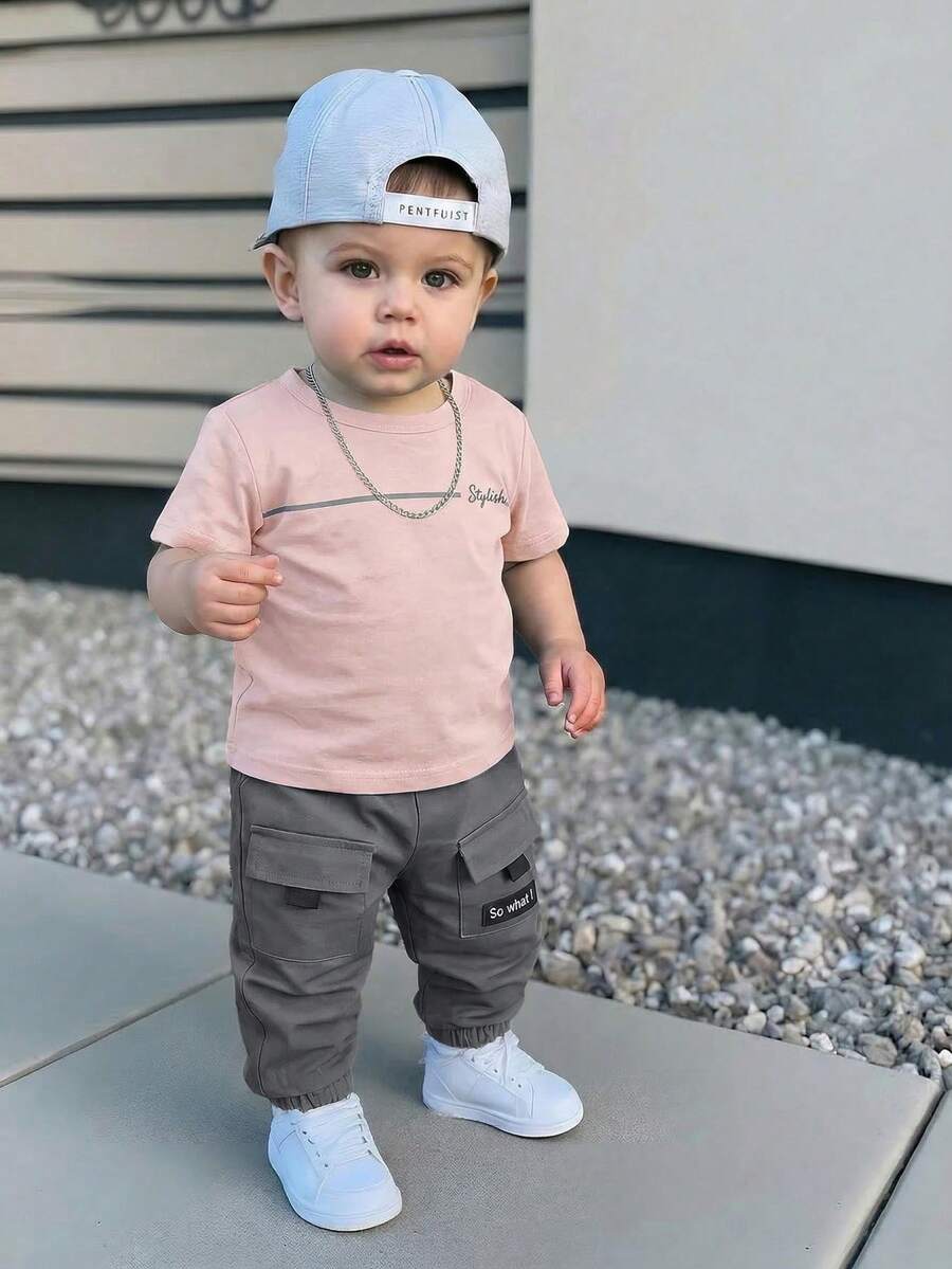 Baby Boy Letter Print T Shirt and Large Pocket Pants 2 Piece Casual Outfit Set for Spring Summer Autumn