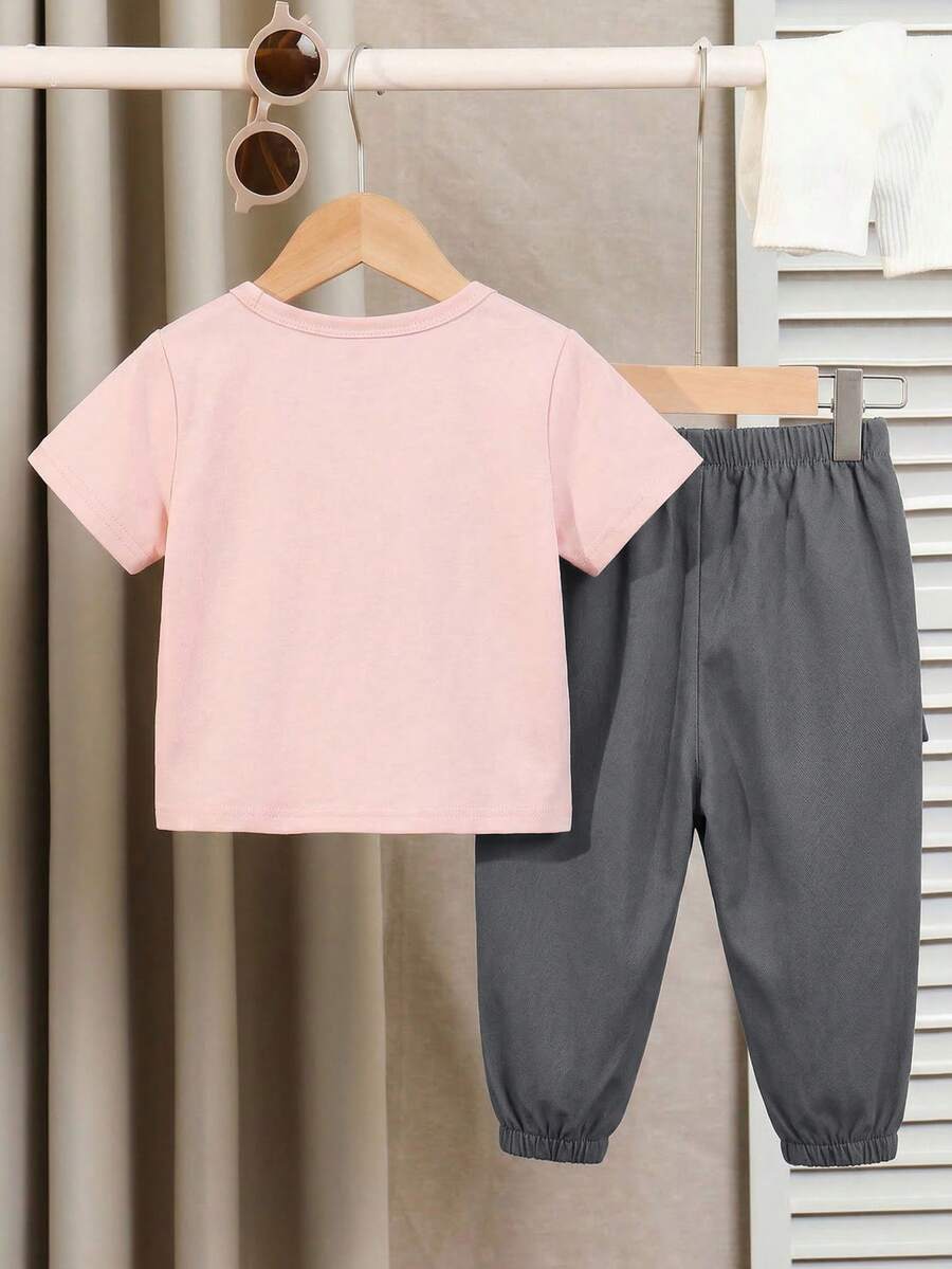 Baby Boy Letter Print T Shirt and Large Pocket Pants 2 Piece Casual Outfit Set for Spring Summer Autumn