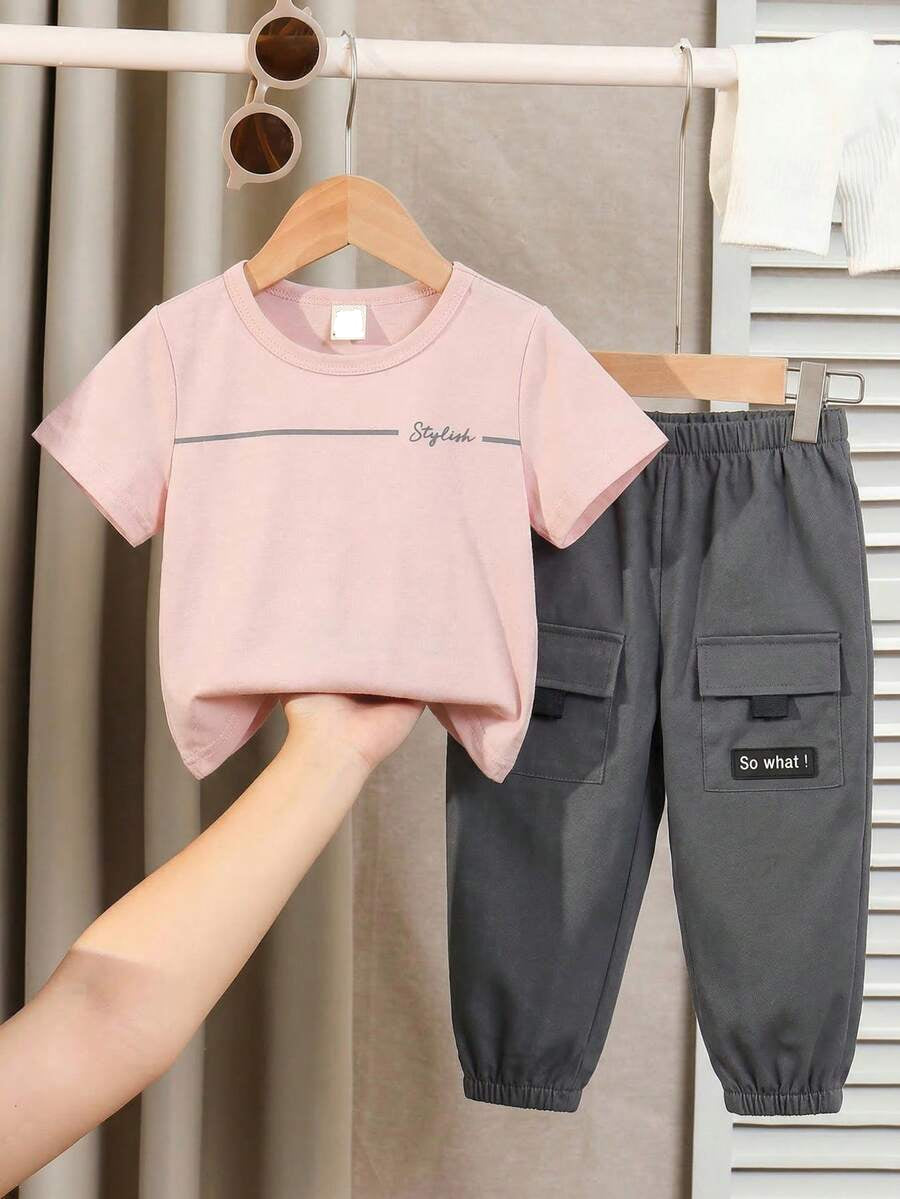 Baby Boy Letter Print T Shirt and Large Pocket Pants 2 Piece Casual Outfit Set for Spring Summer Autumn