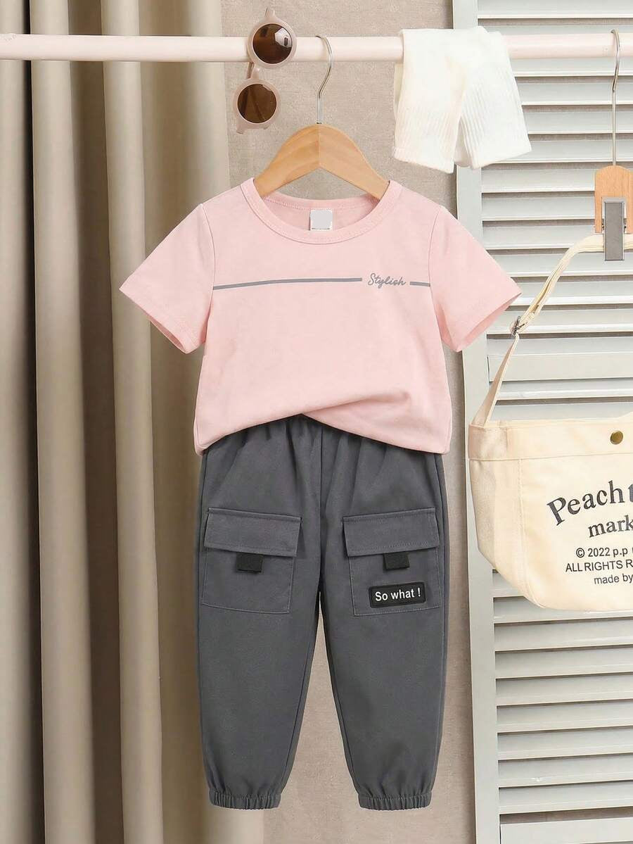 Baby Boy Letter Print T Shirt and Large Pocket Pants 2 Piece Casual Outfit Set for Spring Summer Autumn