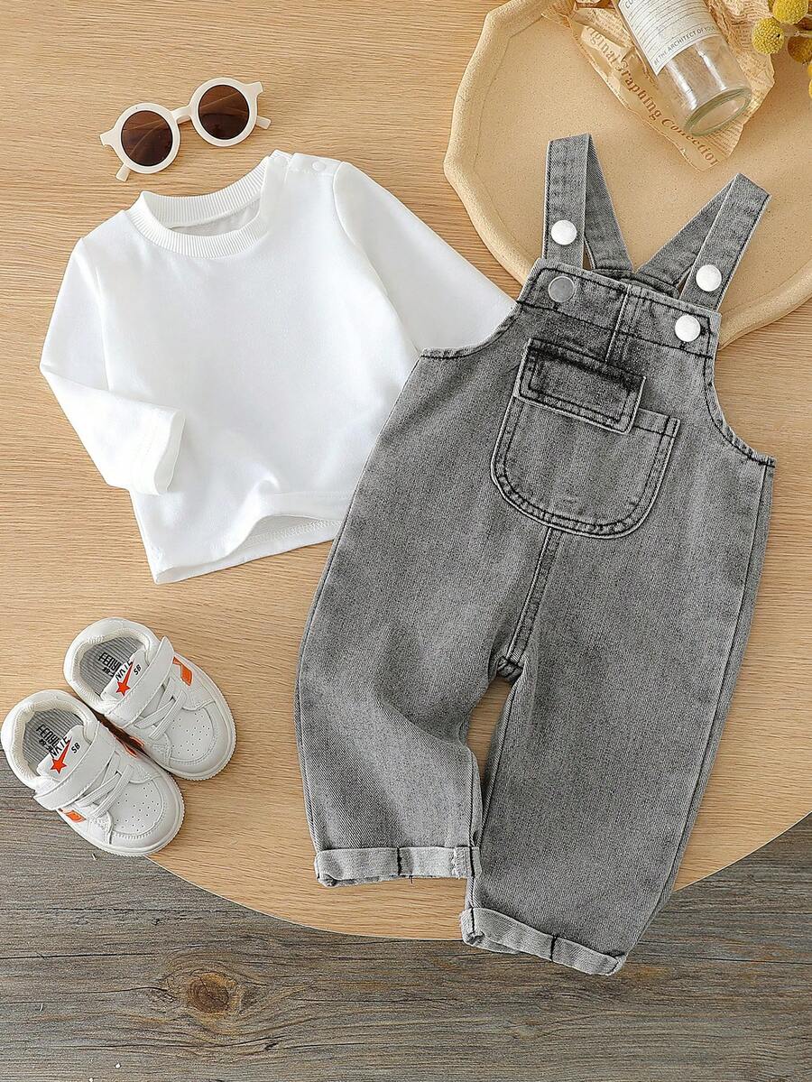 Baby Boy Solid Tee and Roll Up Hem Denim Overall Jumpsuit Casual Spring Summer Outfit Set
