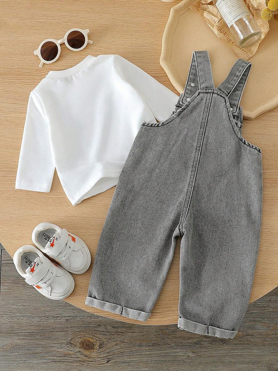 Baby Boy Solid Tee and Roll Up Hem Denim Overall Jumpsuit Casual Spring Summer Outfit Set