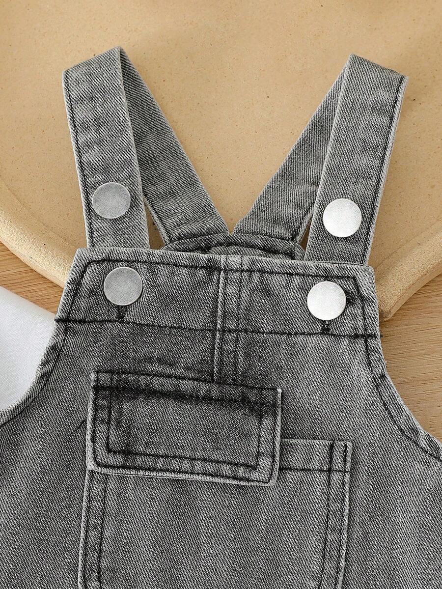 Baby Boy Solid Tee and Roll Up Hem Denim Overall Jumpsuit Casual Spring Summer Outfit Set