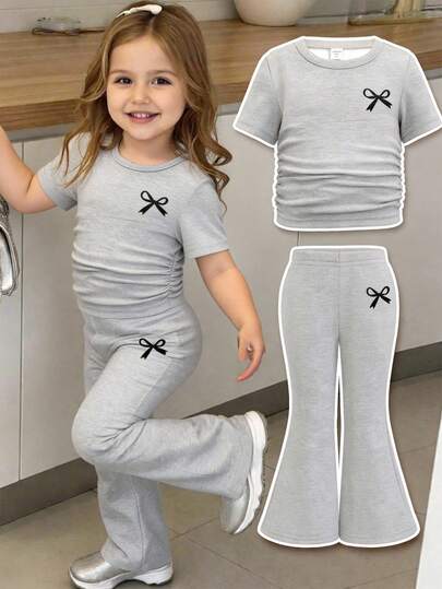Spring Summer Flare Pants Outfit For Little Girls With Bow Print Design