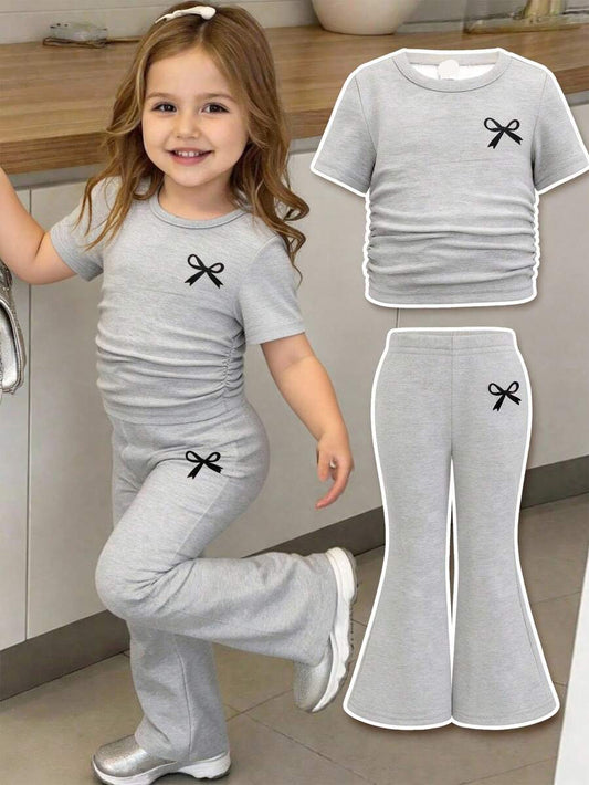 Spring Summer Flare Pants Outfit For Little Girls With Bow Print Design