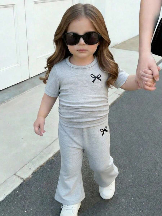 Spring Summer Flare Pants Outfit For Little Girls With Bow Print Design
