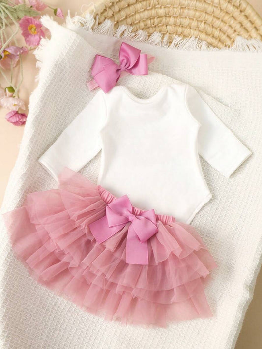 Baby Girl Romper with Tutu Skirt and Bow Headband for Photoshoots and Coming Home