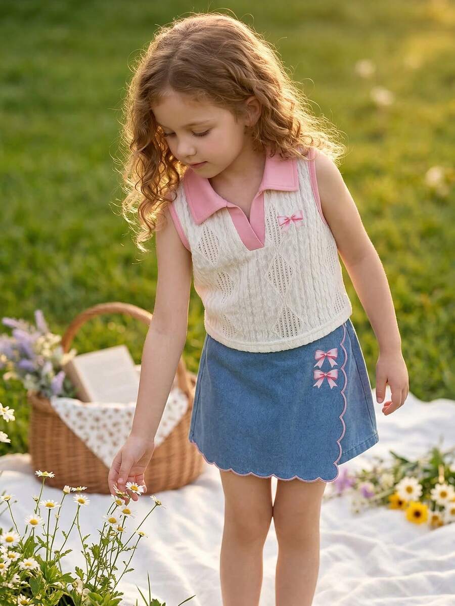 Toddler Girls Textured Knit Vest Top And Denim Skort Flower Embroidered Summer Outfit Set