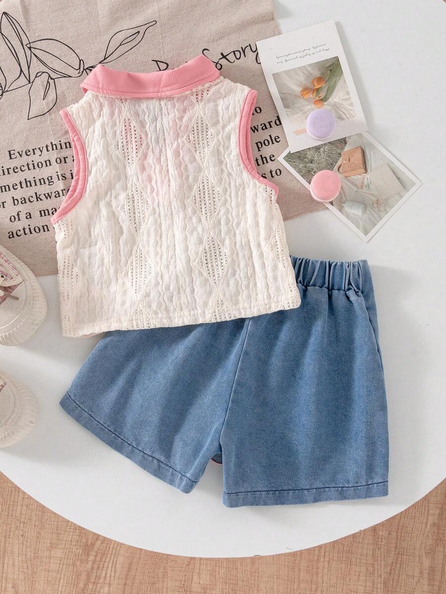 Toddler Girls Textured Knit Vest Top And Denim Skort Flower Embroidered Summer Outfit Set